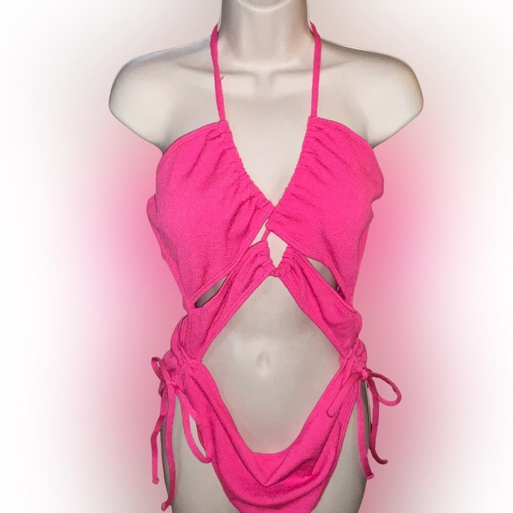 Hot Pink Terry Ruched Halter Cut-Out retro barbie dopamine One Piece Monokini M